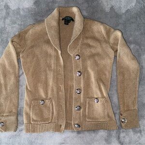 VINTAGE LAUREN RALPH LAUREN SHAWL COLLAR PETITE BIG CREST BUTTON FRONT CARDIGAN‎